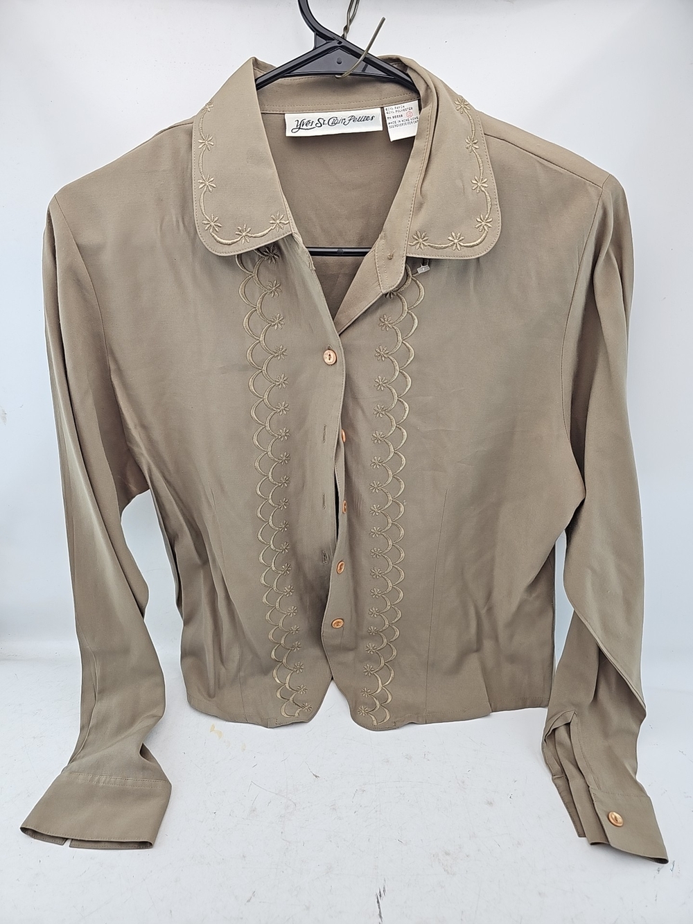 Yves St. Clair Olive Green Embroidered Button-Down Blouse